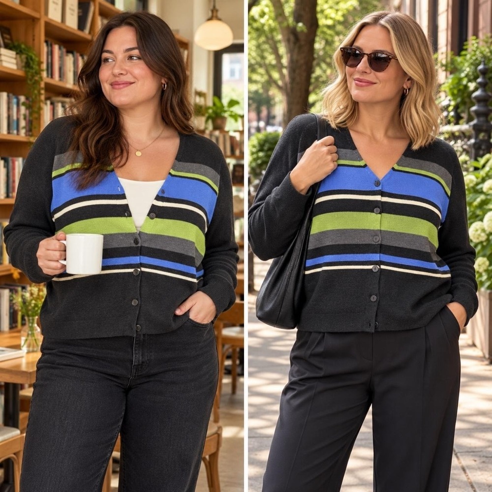 Norm Thompson Cardigan Women's L Silk Blend Striped Button Vintage Colorblock